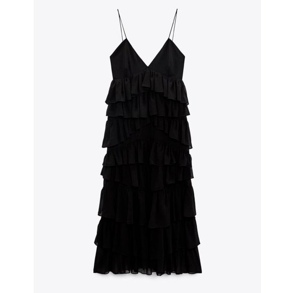 ZARA WOMAN STRAPPY RUFFLED MIDI LONG TIER DRESS BLACK  REF: 8777/830 S,M,L - Picture 7 of 12